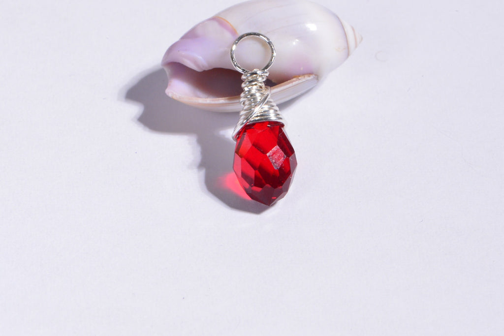 Red Crystal Teardrop Pendant: Sterling Silver Filled Wire Wrapped Charm