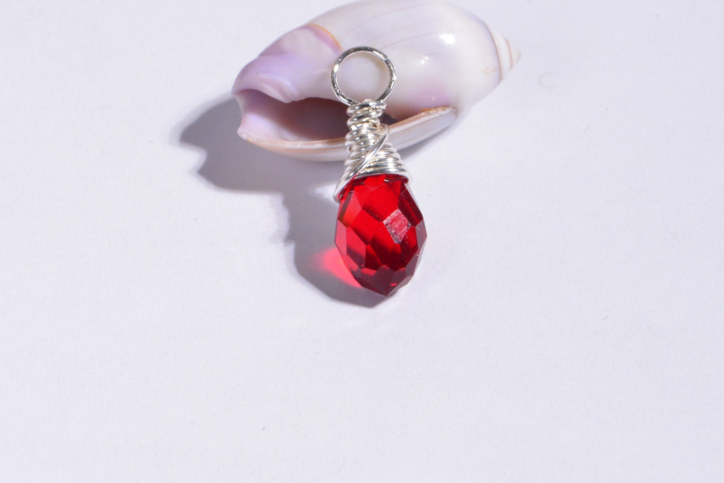 Red Crystal Teardrop Pendant: Sterling Silver Filled Wire Wrapped Charm