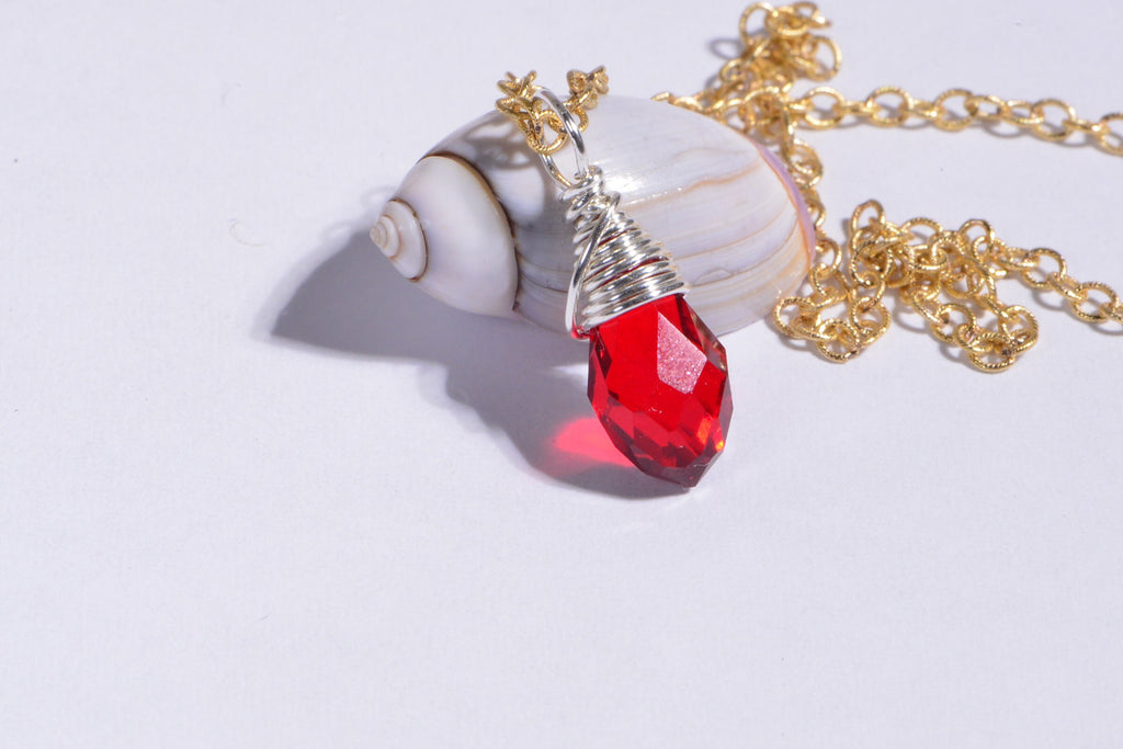 Red Crystal Teardrop Pendant: Sterling Silver Filled Wire Wrapped Charm