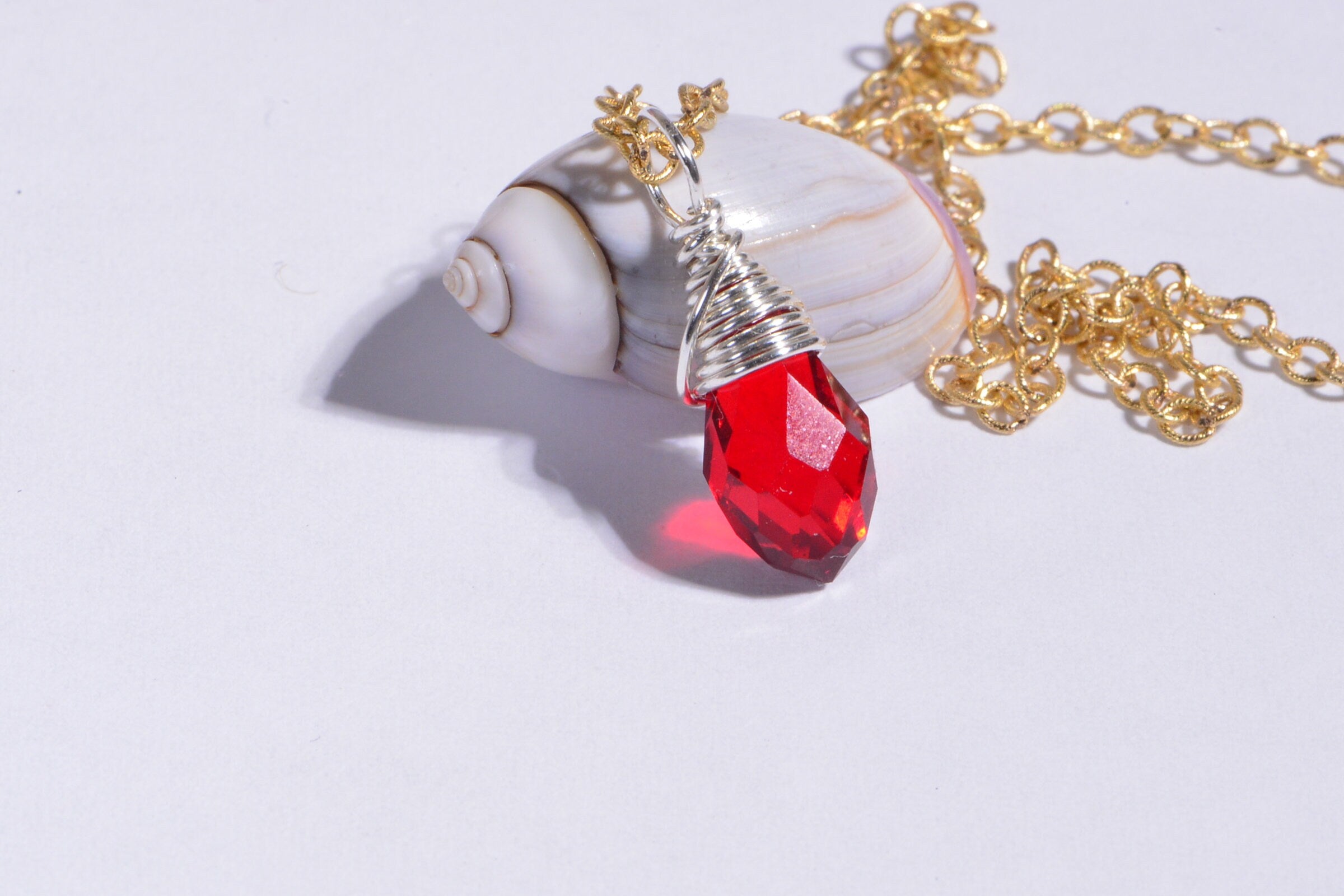 Red Crystal Teardrop Pendant: Sterling Silver Filled Wire Wrapped Charm