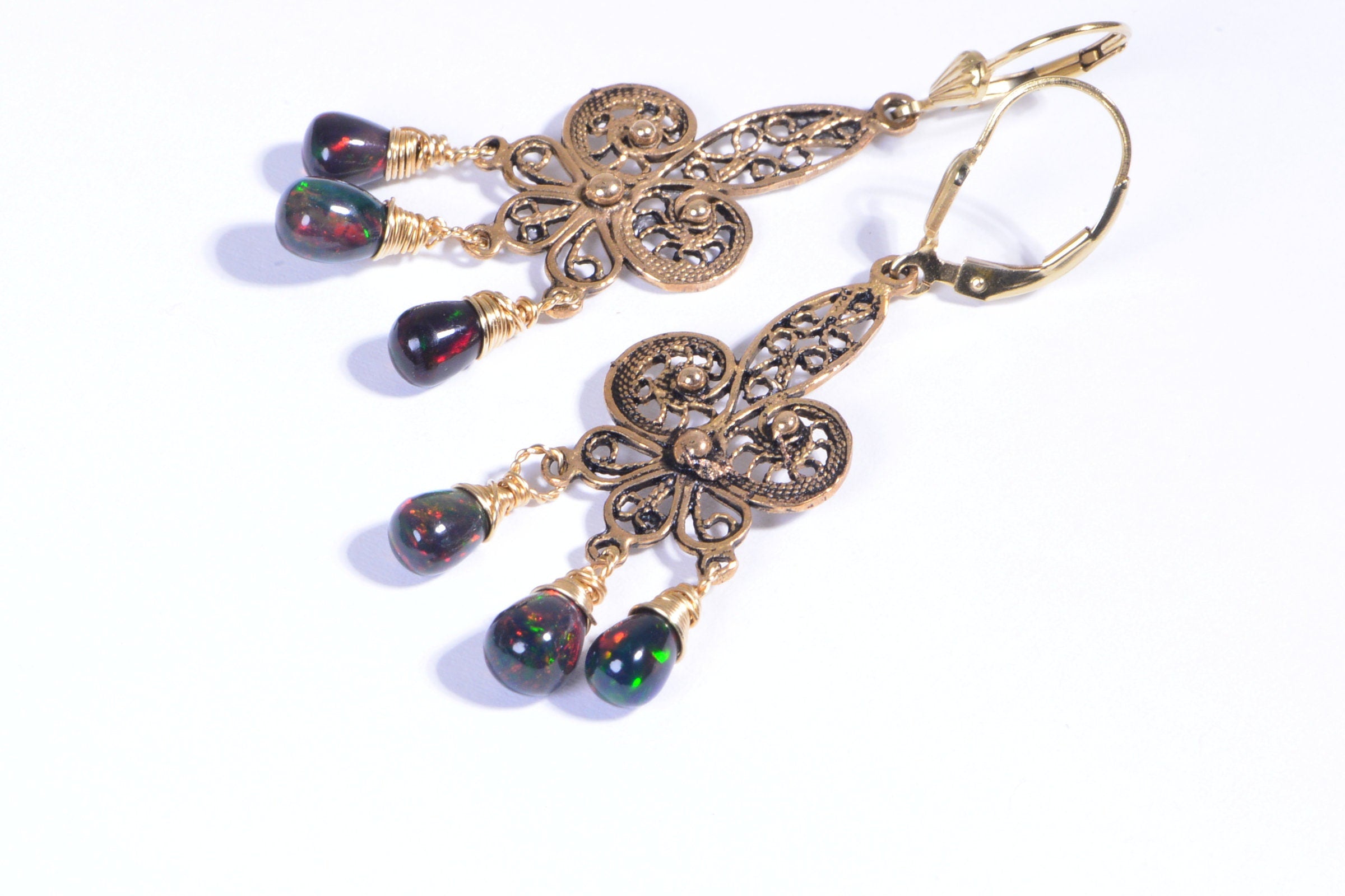 Black Opal Dangle Earrings: 14K Gold Over Sterling Silver Filigree