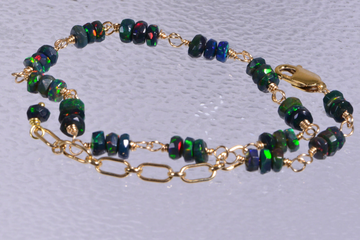 Ethiopian Welo Black Opal Bracelet, 14K Gold Filled Wire Wrapped Chain