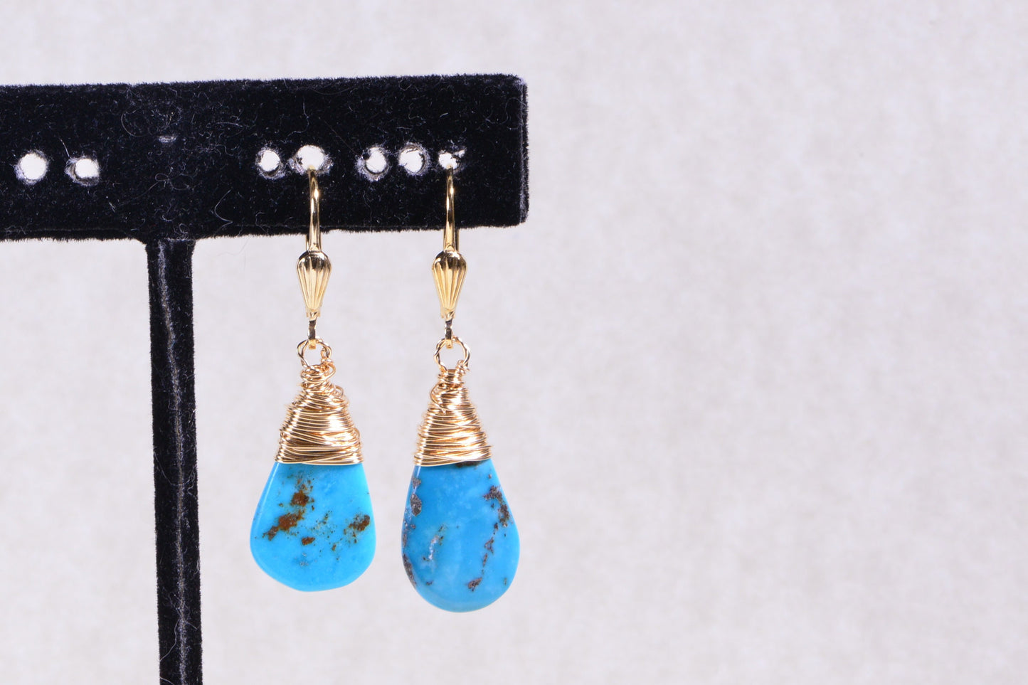 Kingman Turquoise Dangle Earrings, 14K Gold Filled Wire Wrapped