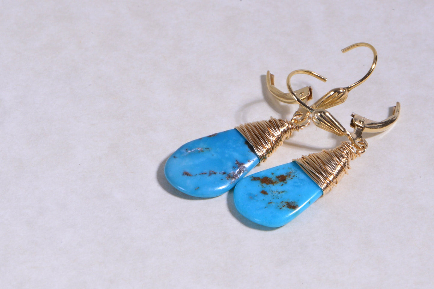 Kingman Turquoise Dangle Earrings, 14K Gold Filled Wire Wrapped