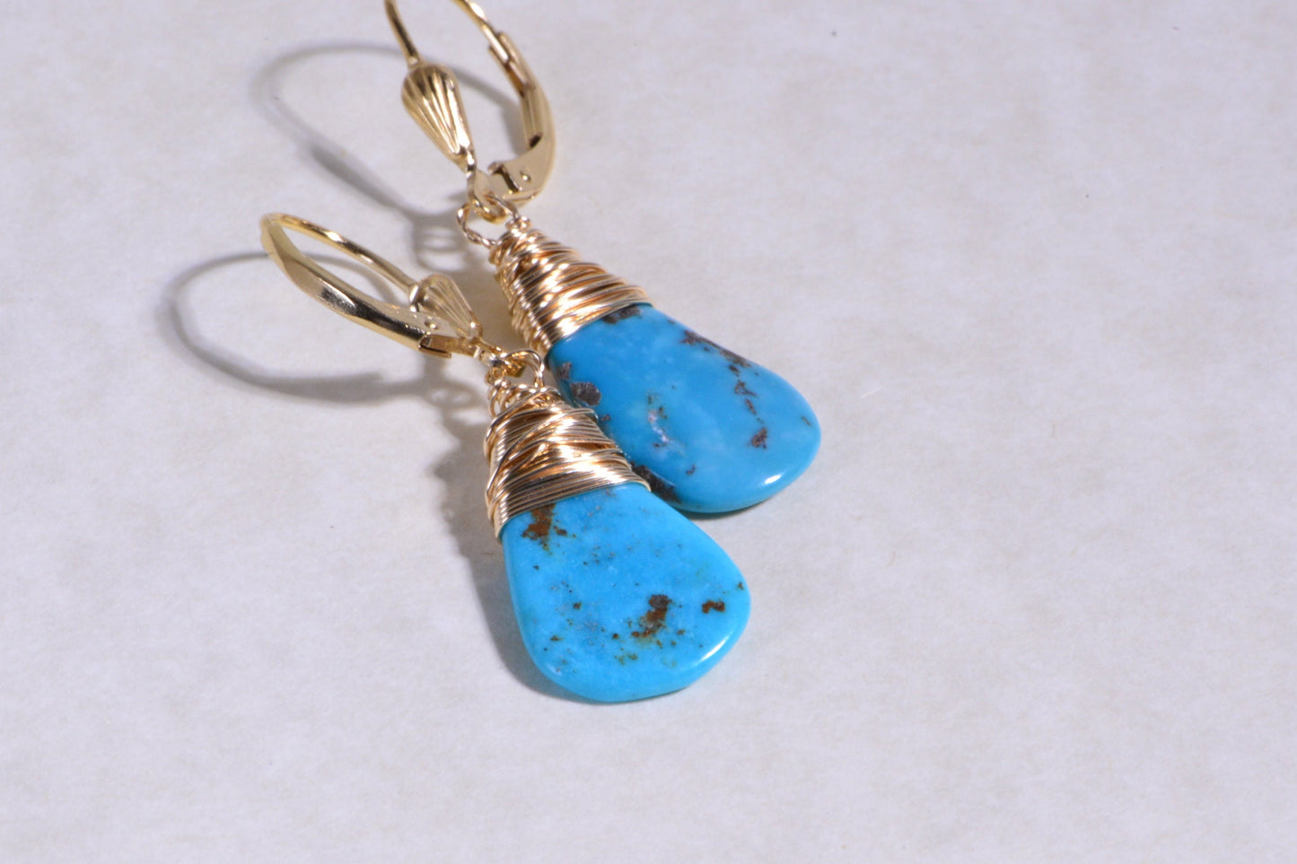 Kingman Turquoise Dangle Earrings, 14K Gold Filled Wire Wrapped