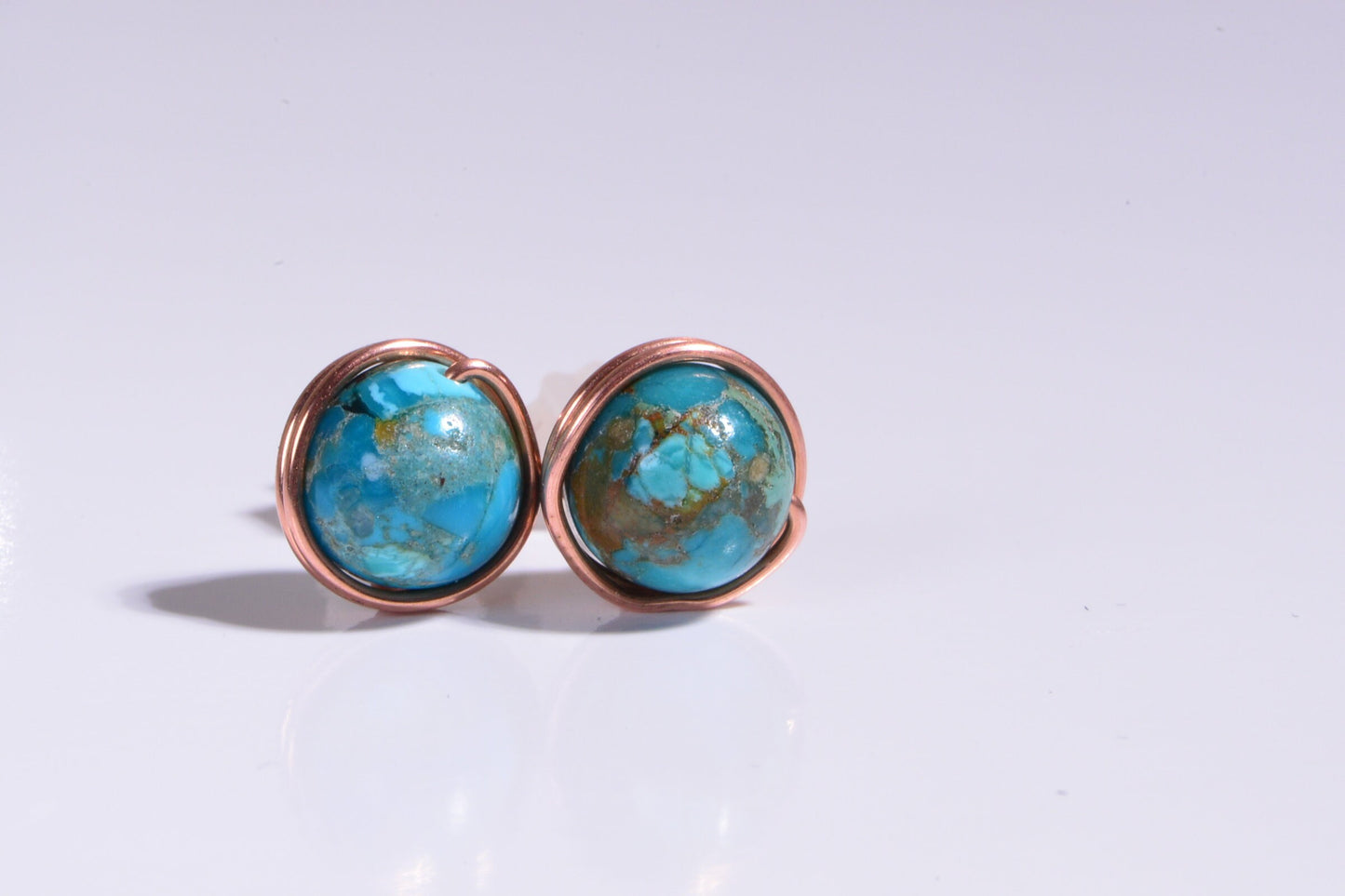 8mm Wire Wrapped Genuine Turquoise Studs Earrings  Pure Copper Gemstone Post Earrings