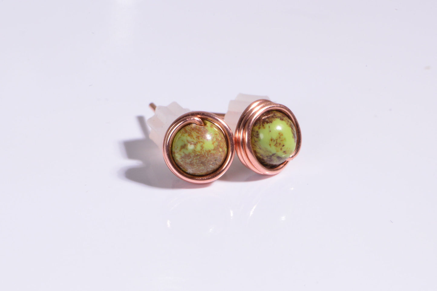 Gaspeite Stud Earrings: Tiny Copper Wire Wrapped Healing Stone