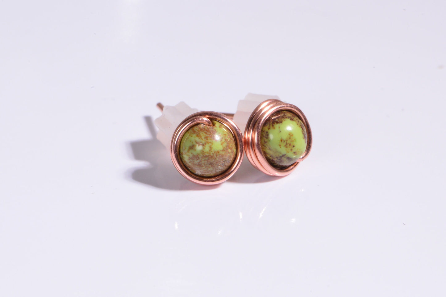 Gaspeite Stud Earrings: Tiny Copper Wire Wrapped Healing Stone