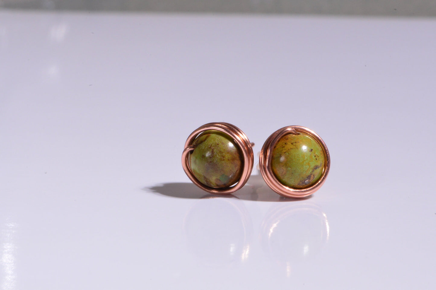 Gaspeite Stud Earrings: Tiny Copper Wire Wrapped Healing Stone