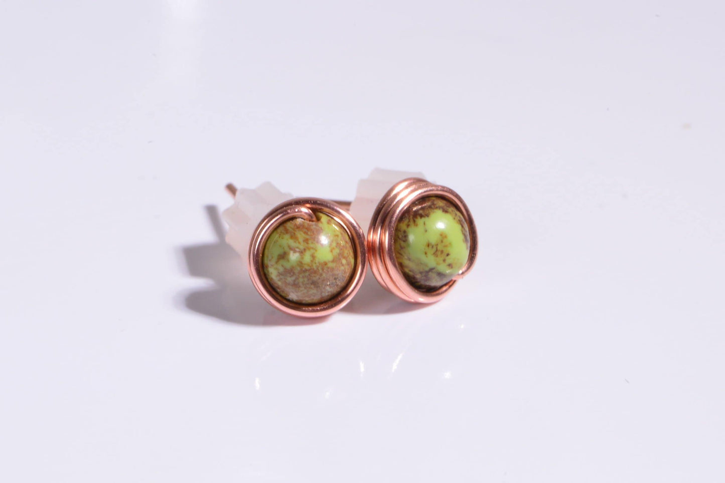 Gaspeite Stud Earrings: Tiny Copper Wire Wrapped Healing Stone