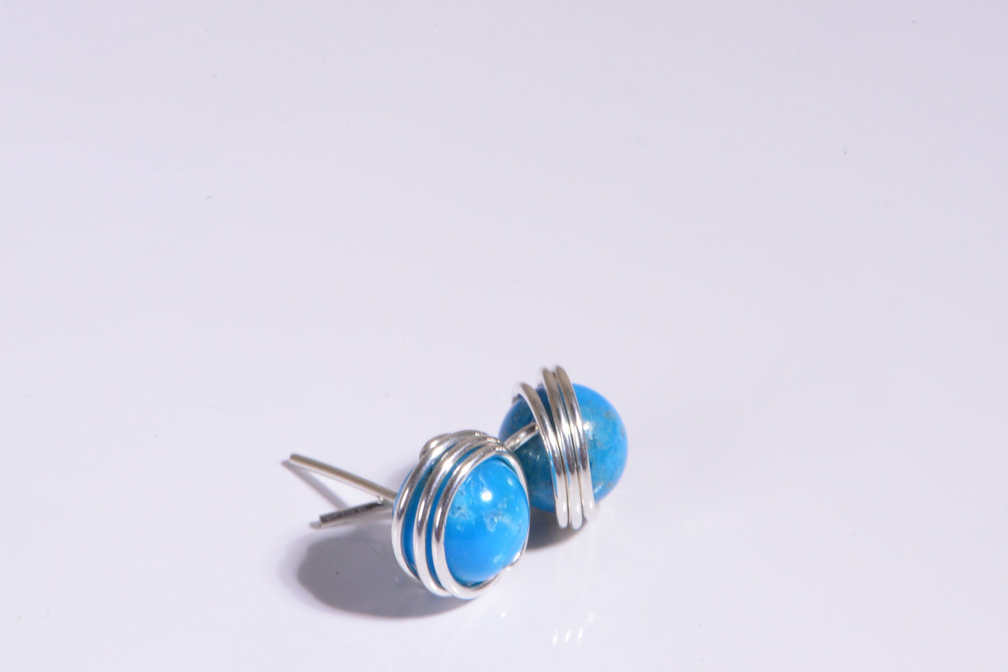 Arizona Turquoise Stud Earrings, Sterling Silver Wire Wrapped, December Birthstone