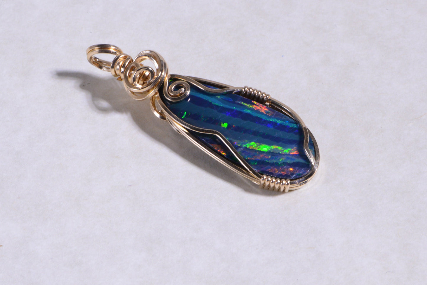 Australian Black Opal Necklace, 14K Gold Filled Wire Wrapped Pendant
