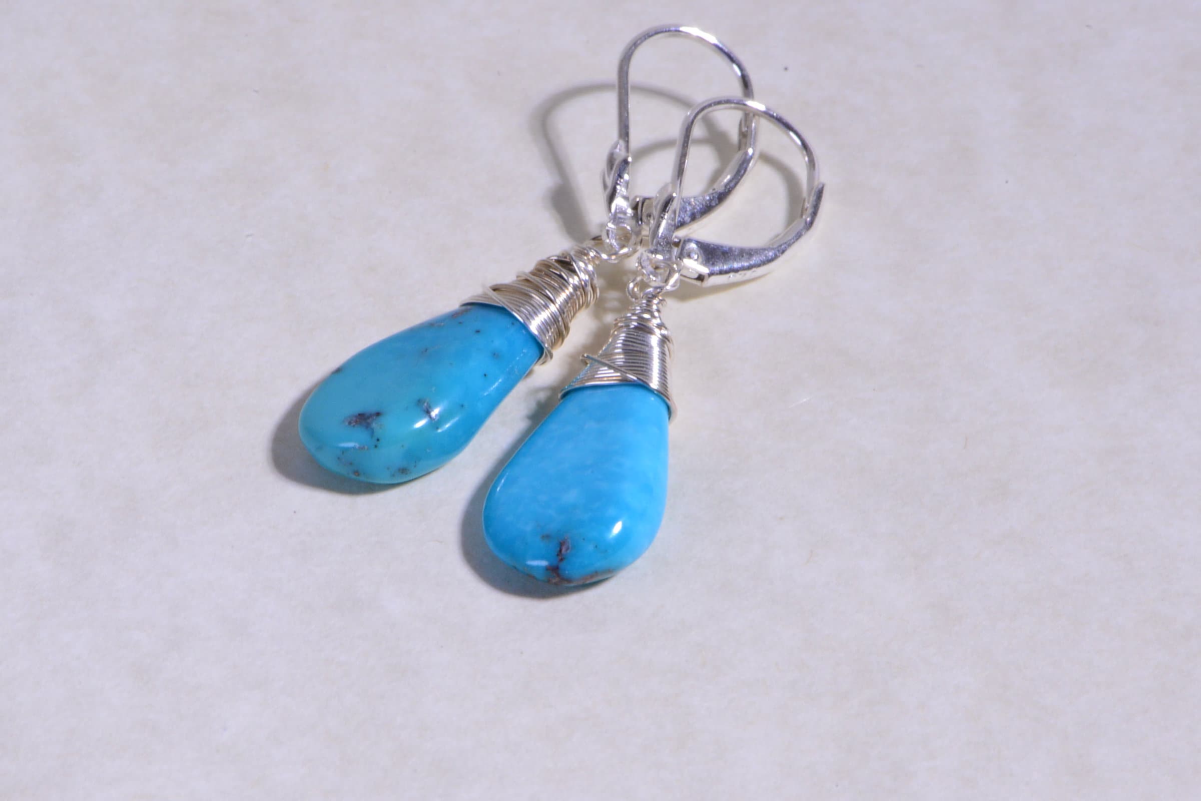Sleeping Beauty Turquoise Earrings: Sterling Silver Wire Wrapped Teardrops