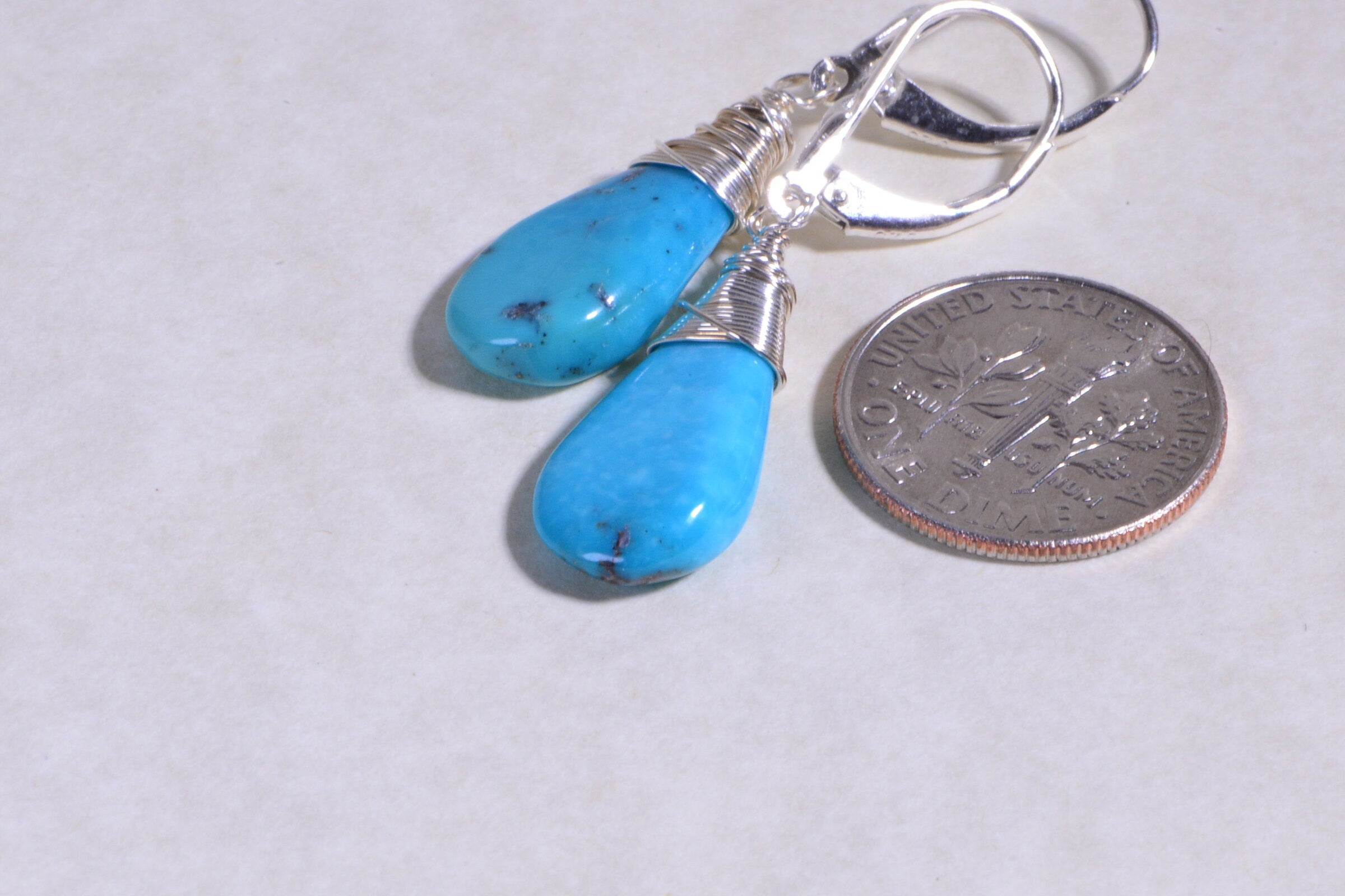 Sleeping Beauty Turquoise Earrings: Sterling Silver Wire Wrapped Teardrops
