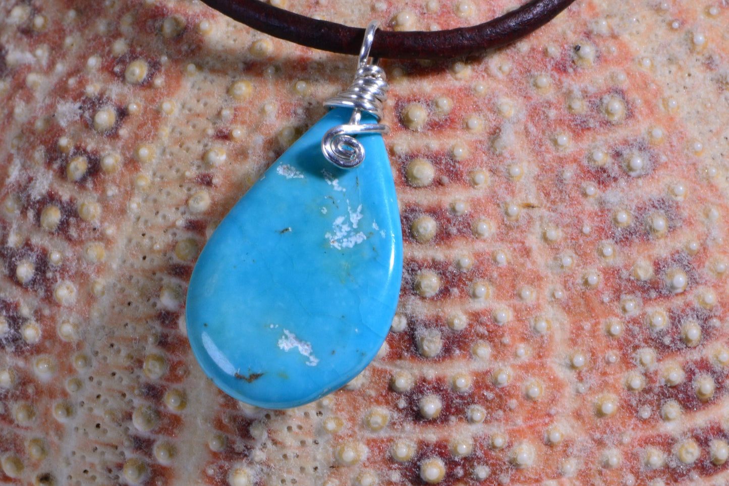 Sleeping Beauty Turquoise Necklace, Sterling Silver, Leather Cord