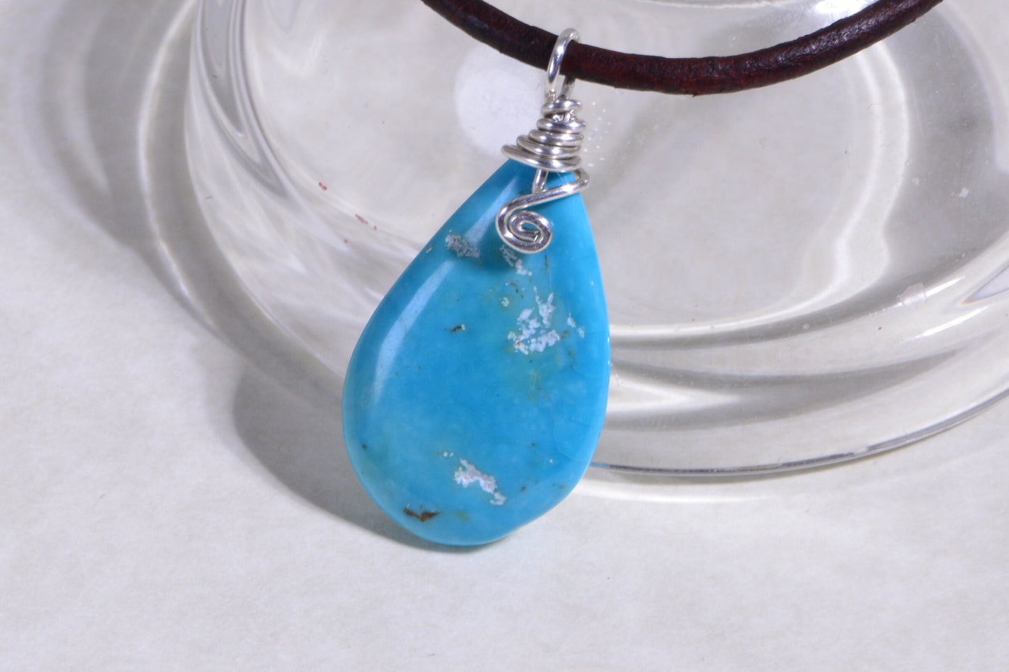 Sleeping Beauty Turquoise Necklace, Sterling Silver, Leather Cord