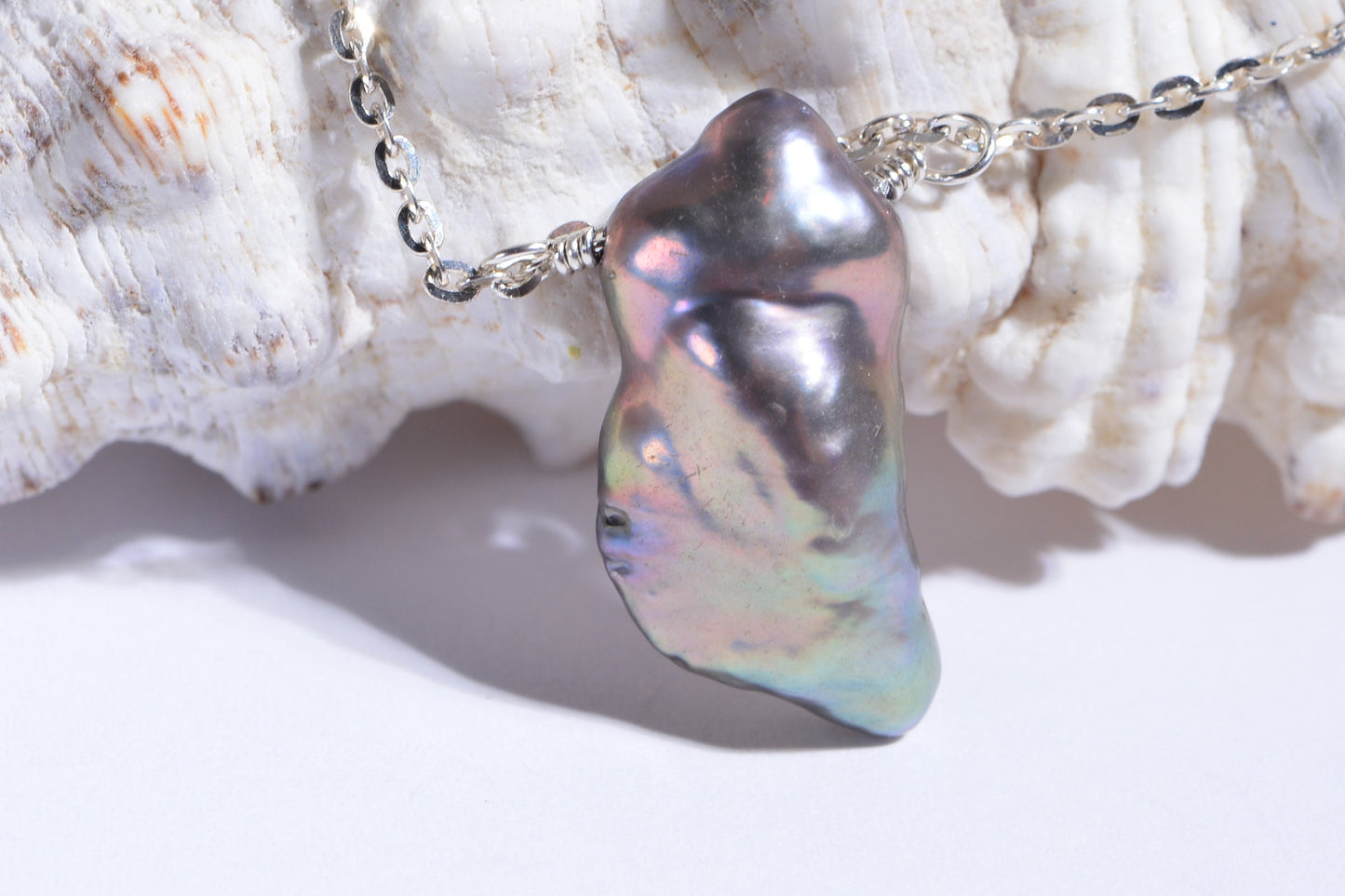 Rainbow Keshi Pearl Pendant, Sterling Silver Wire Wrapped, Baroque Connector