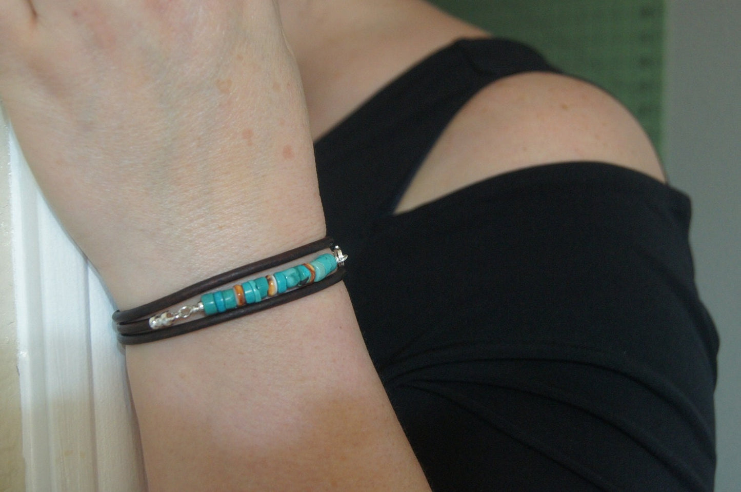 Kingman Turquoise Leather Wrap Bracelet, Sterling Silver Clasp