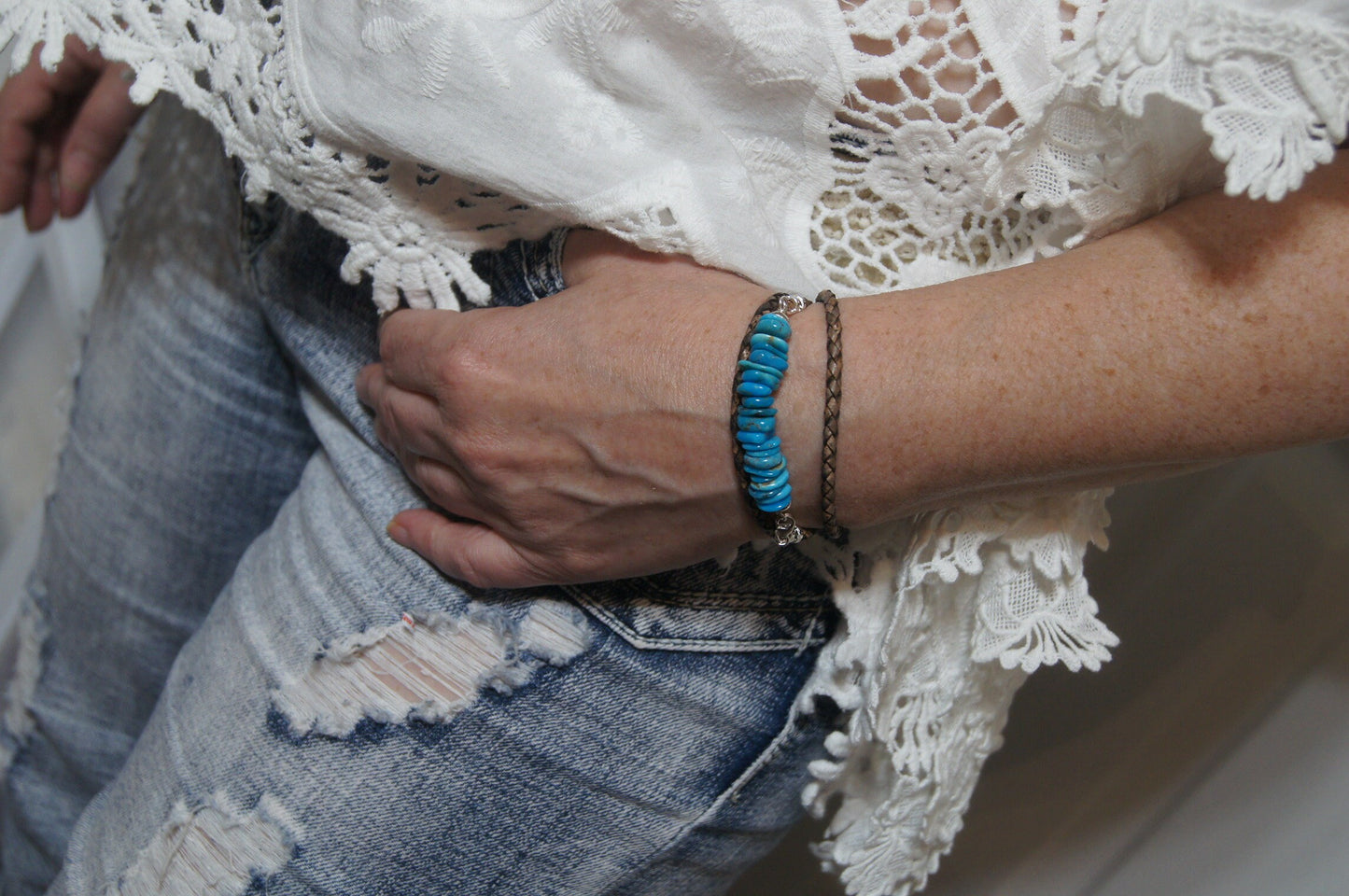 Sleeping Beauty Turquoise Leather Wrap Bracelet, Sterling Silver Clasp