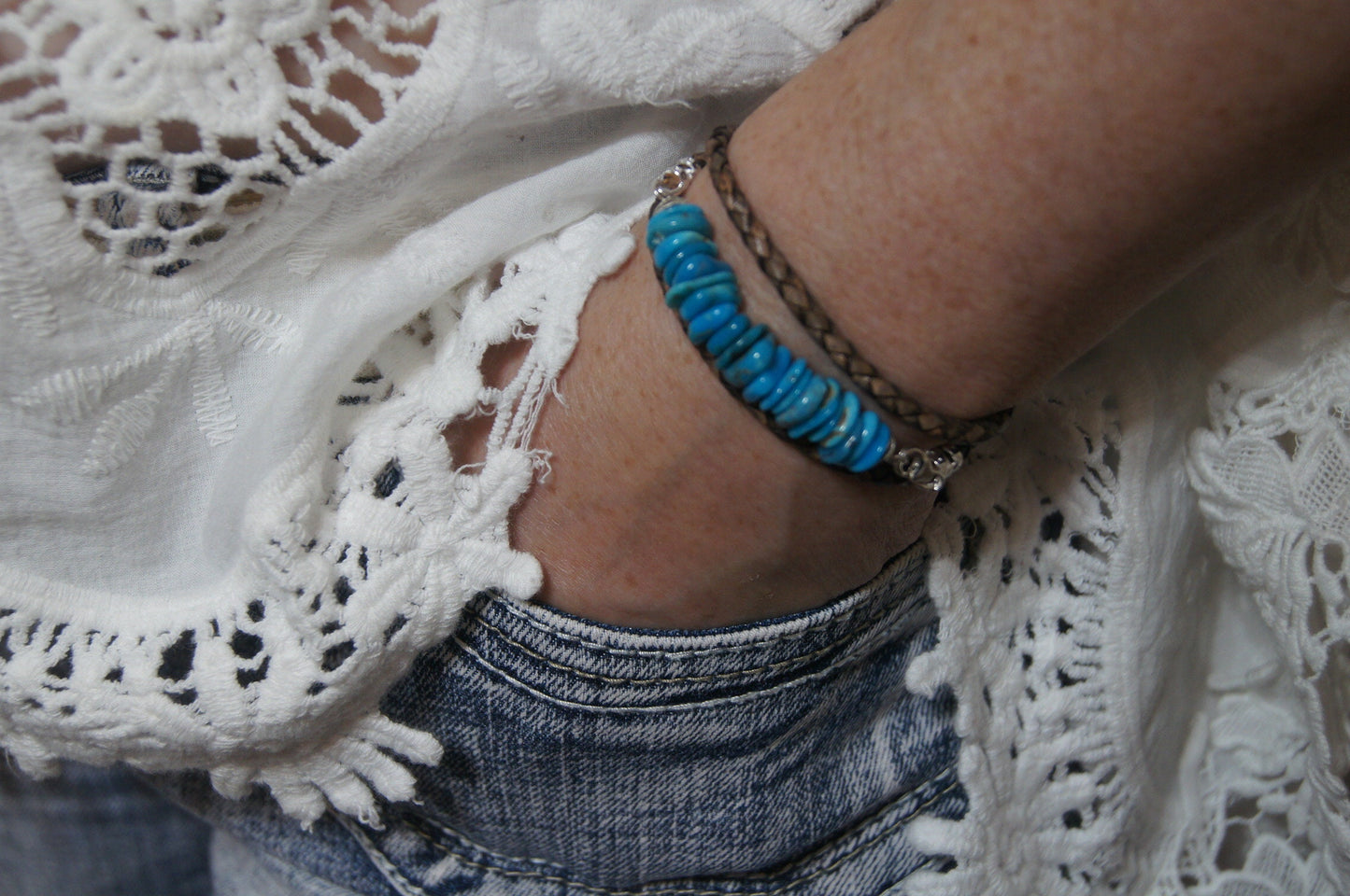 Sleeping Beauty Turquoise Leather Wrap Bracelet, Sterling Silver Clasp