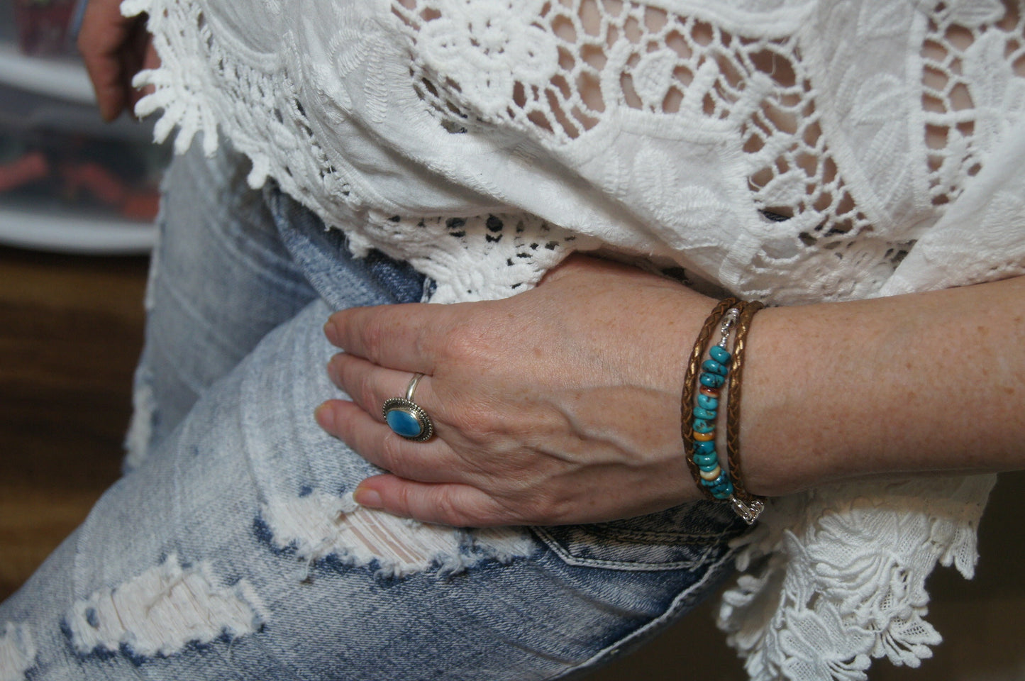 Kingman Turquoise Oyster Shell Leather Wrap Bracelet, Boho Jewelry