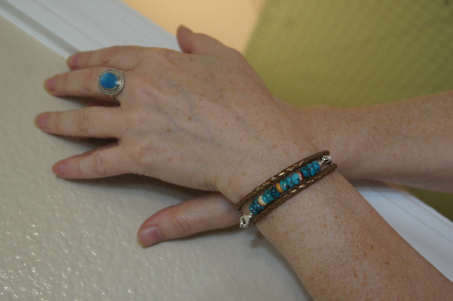 Kingman Turquoise Oyster Shell Leather Wrap Bracelet, Boho Jewelry