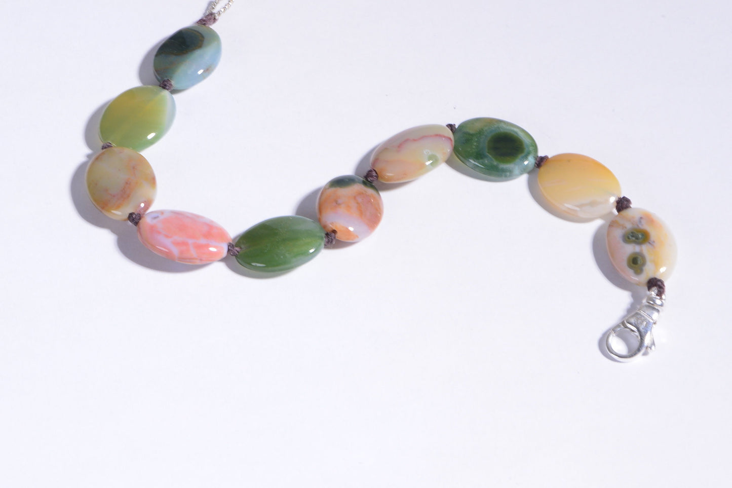 Ocean Jasper Oval Bracelet, Knotted Gemstone, Sterling Silver Clasp