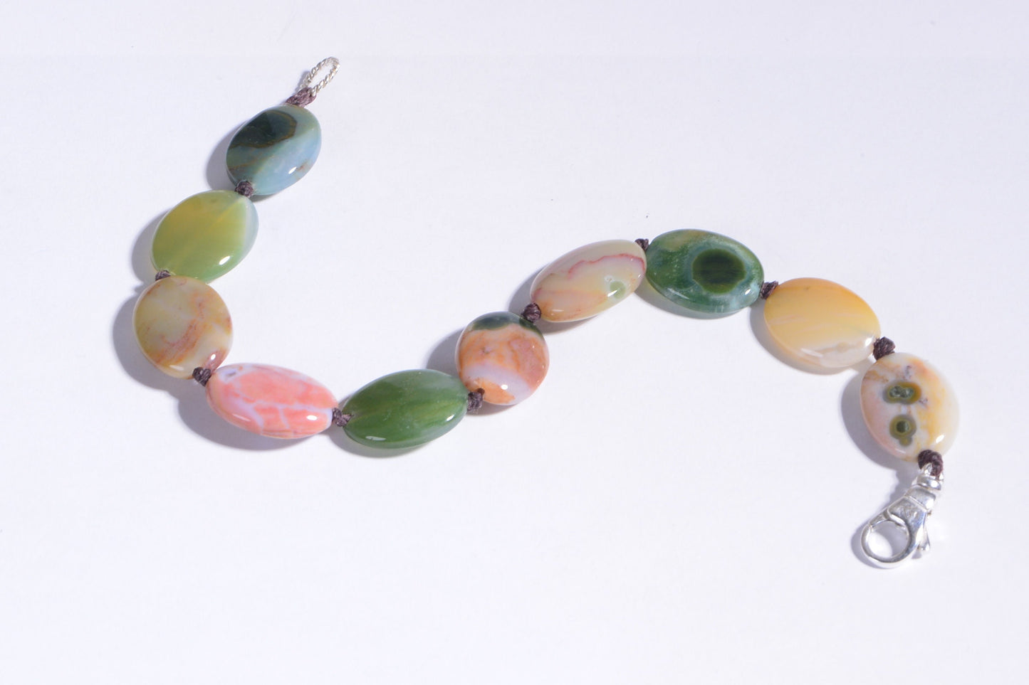 Ocean Jasper Oval Bracelet, Knotted Gemstone, Sterling Silver Clasp