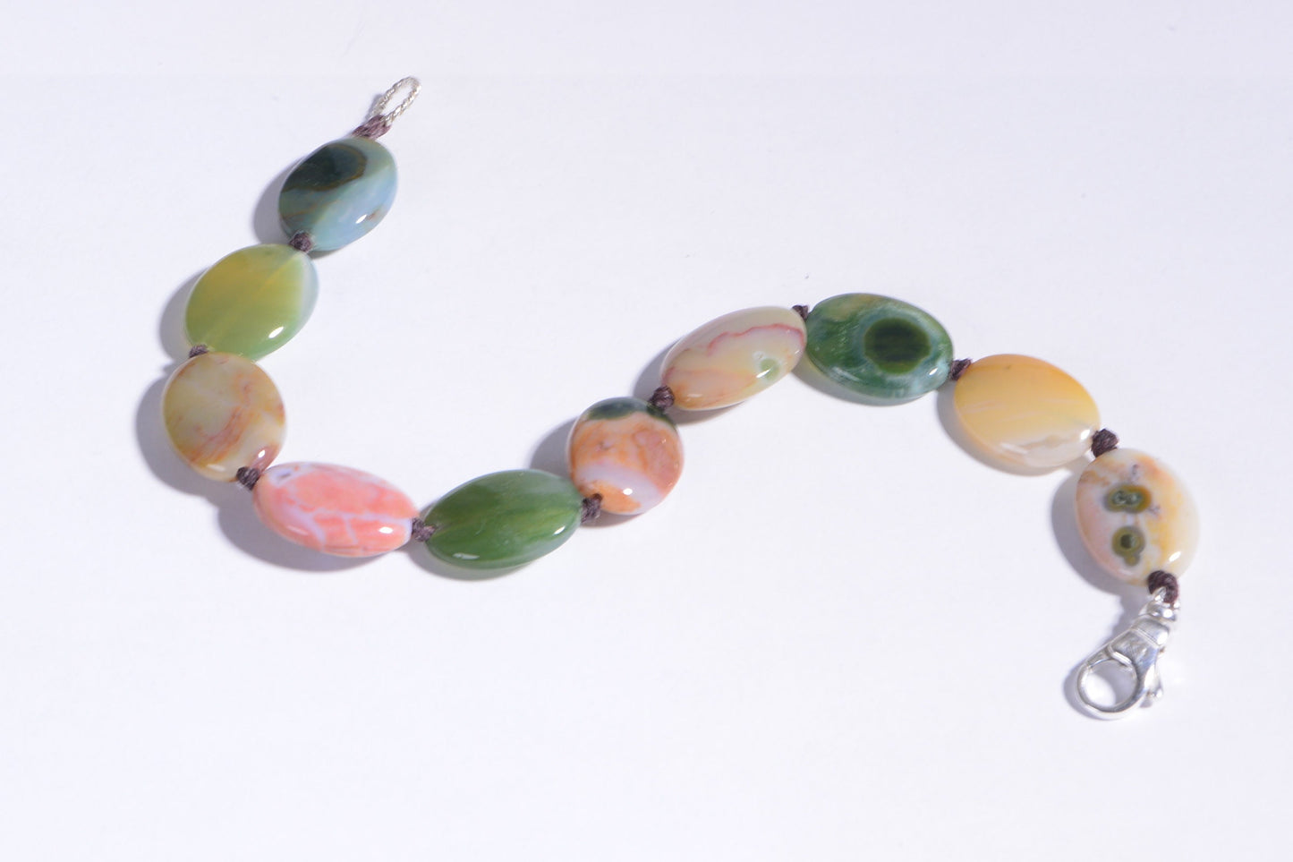 Ocean Jasper Oval Bracelet, Knotted Gemstone, Sterling Silver Clasp