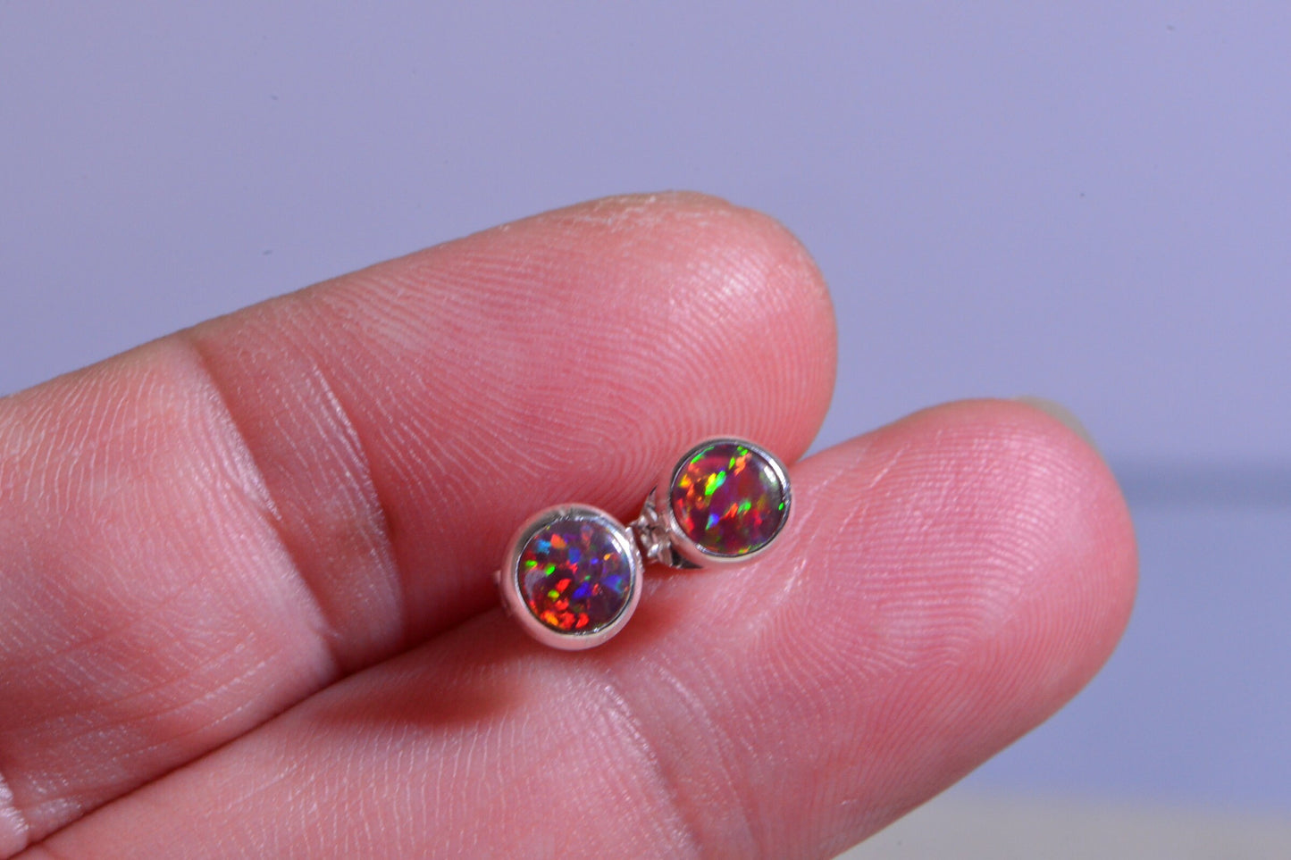 Fire Opal Stud Earrings: 5mm Lab-Created Harlequin Flash