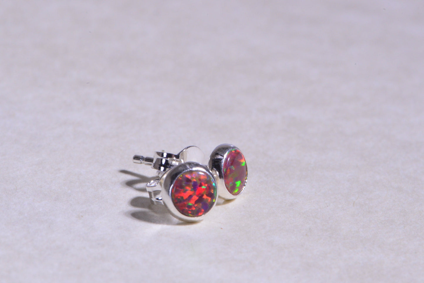 Fire Opal Stud Earrings: 5mm Lab-Created Harlequin Flash