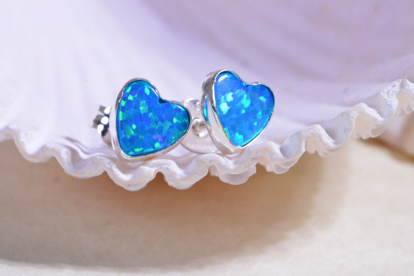 Blue Opal Heart Stud Earrings: 925 Silver Gemstone Jewelry