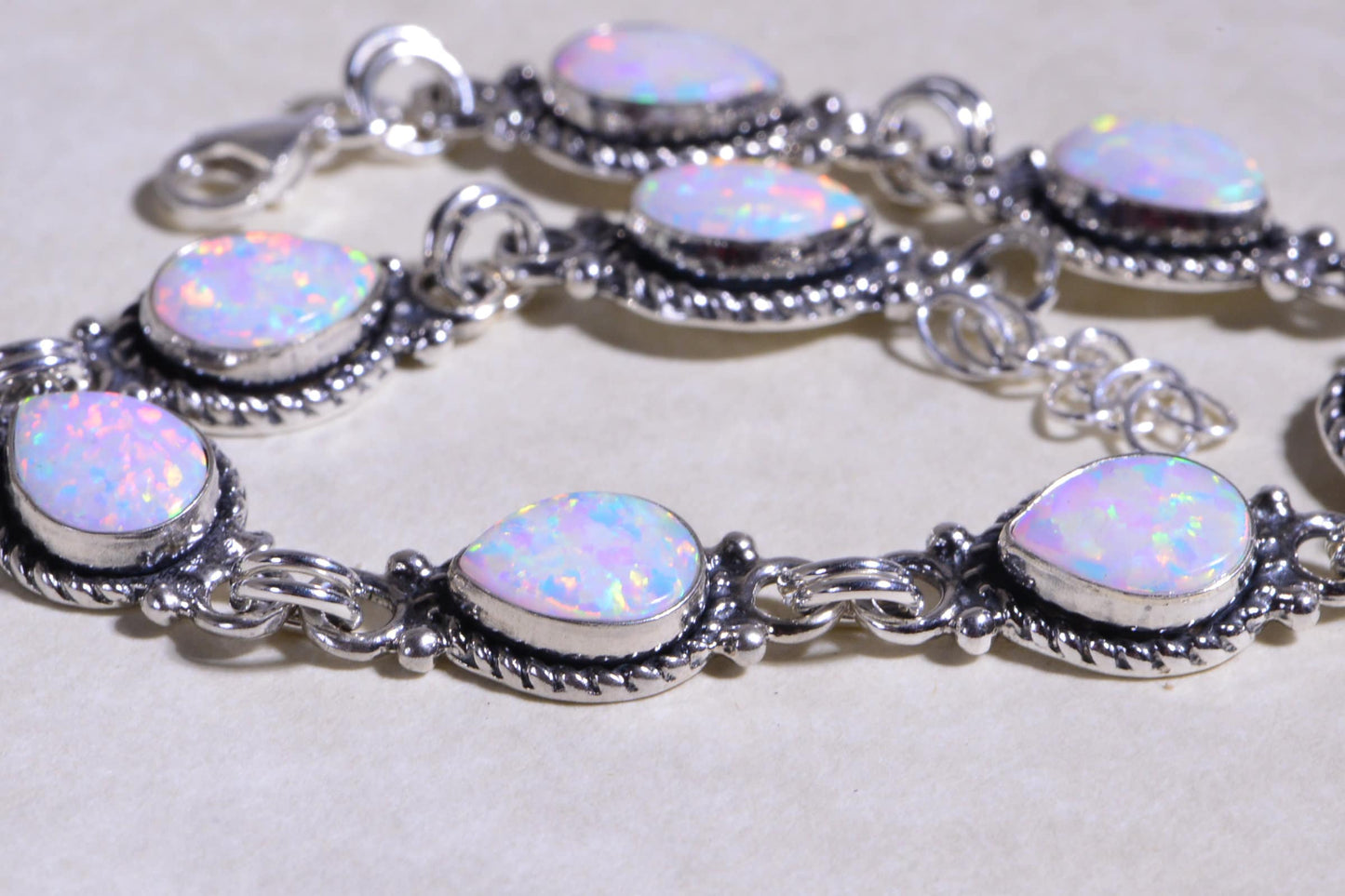 White Opal Bracelet Sterling Silver Chain Gemstone Bezel Setting Opal Birthstone October