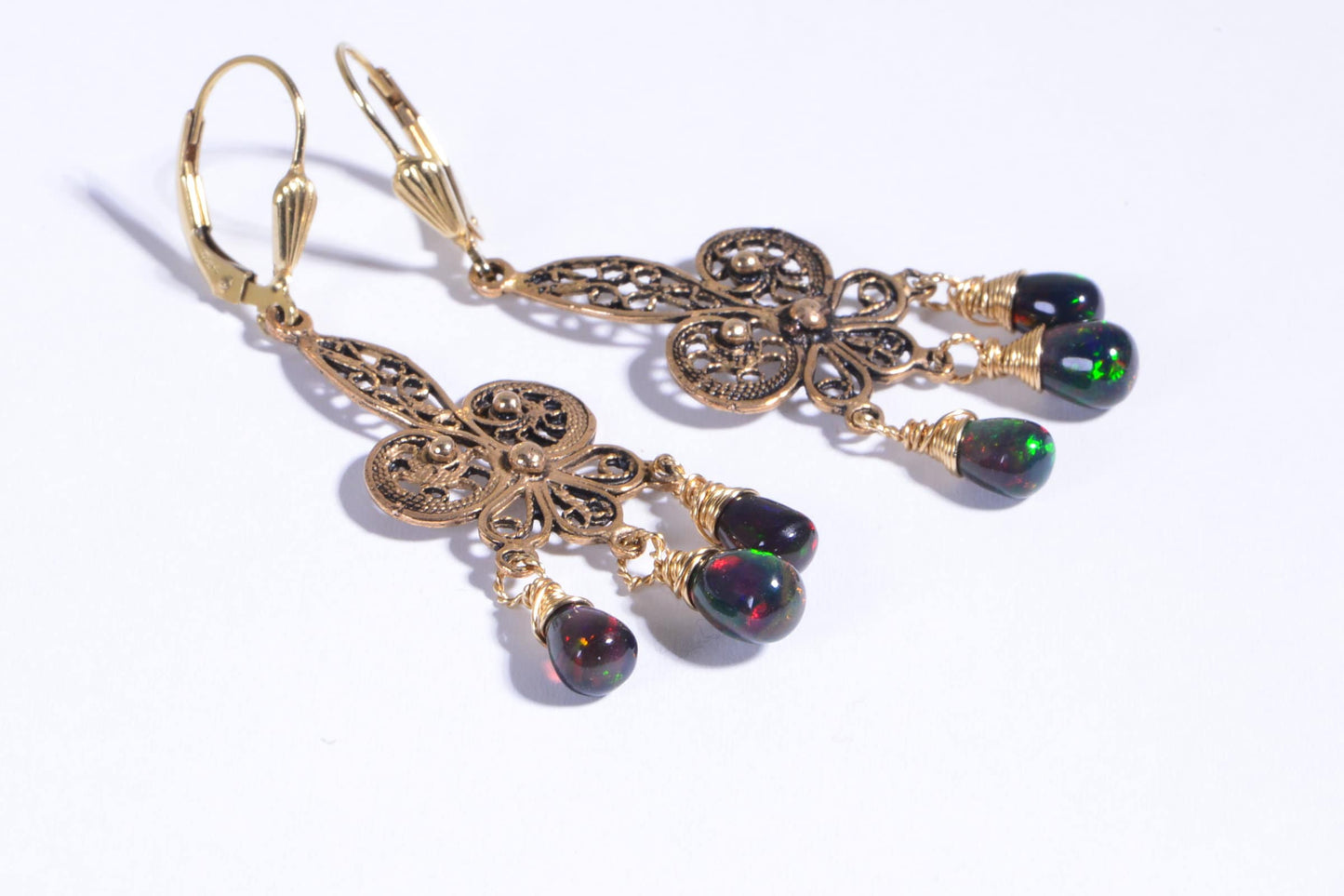 Black Opal Chandelier Earrings: 14K Gold Filled Wire Wrapped Jewelry