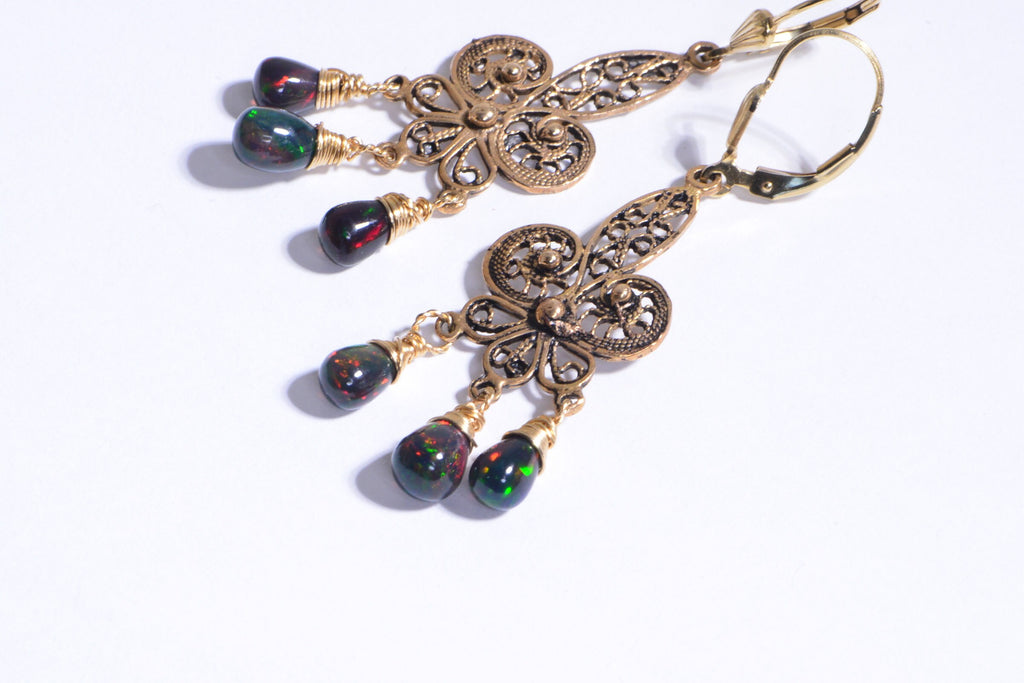 Black Opal Dangle Earrings: 14K Gold Over Sterling Silver Filigree