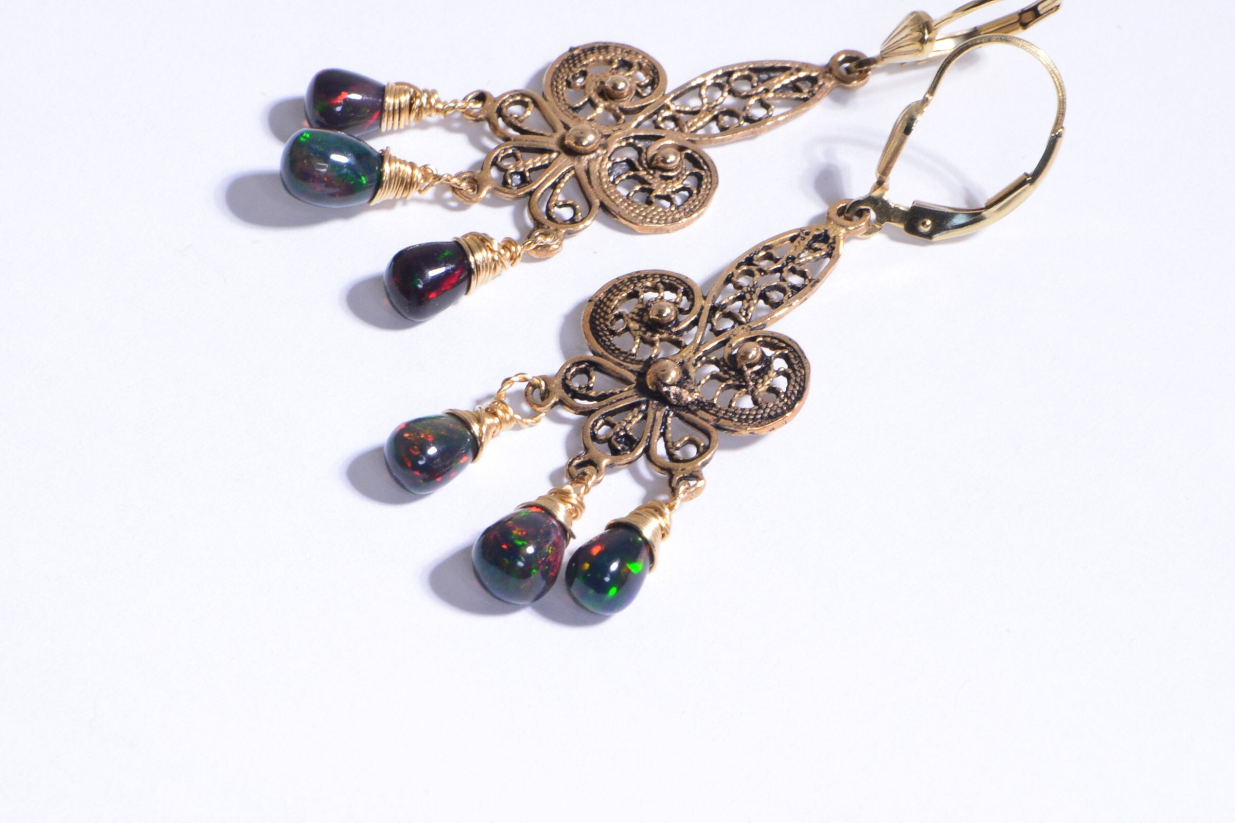Black Opal Dangle Earrings: 14K Gold Over Sterling Silver Filigree