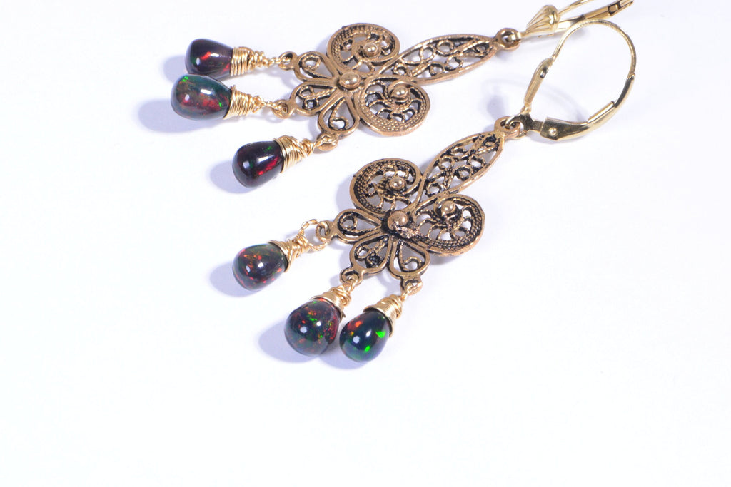 Black Opal Dangle Earrings: 14K Gold Over Sterling Silver Filigree