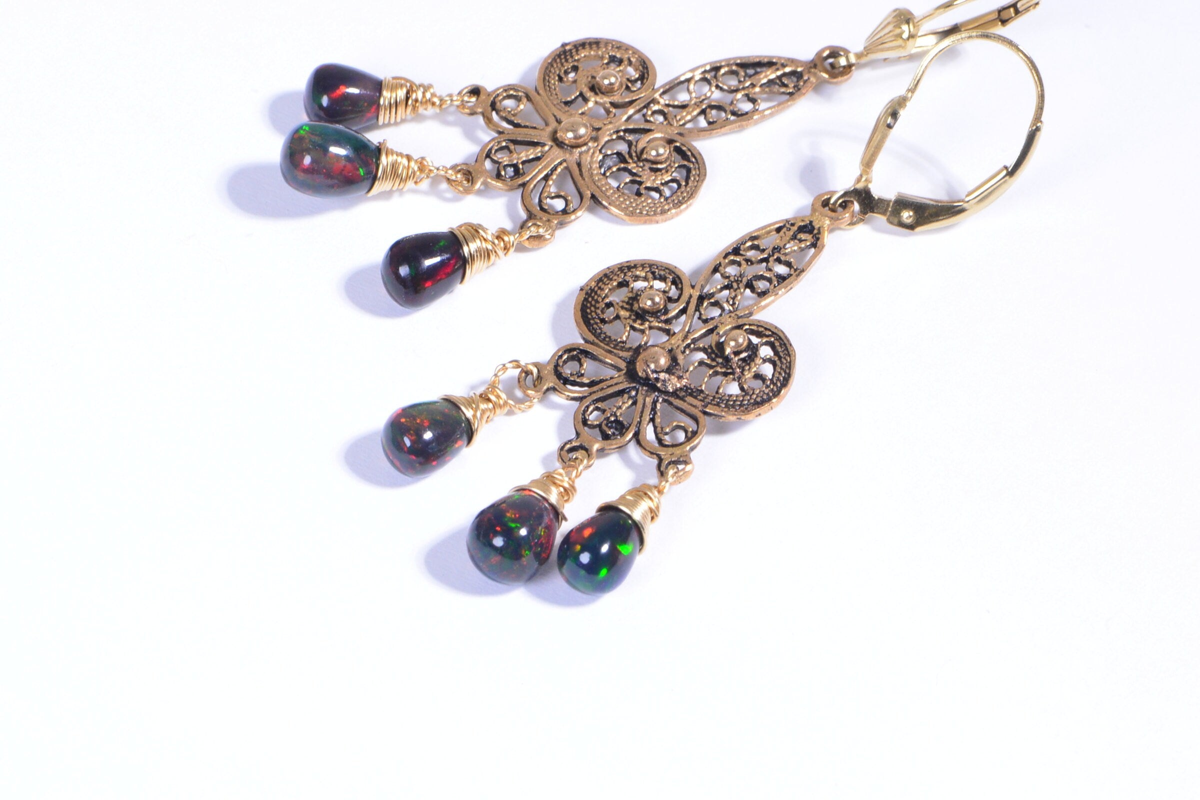 Black Opal Dangle Earrings: 14K Gold Over Sterling Silver Filigree