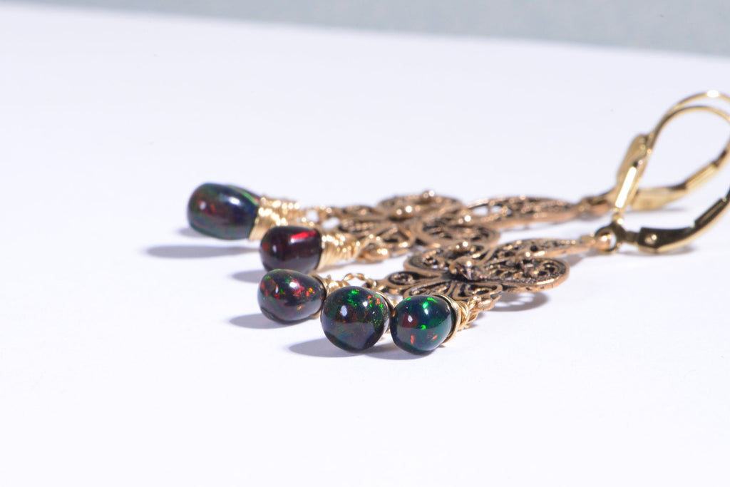 Black Opal Dangle Earrings: 14K Gold Over Sterling Silver Filigree