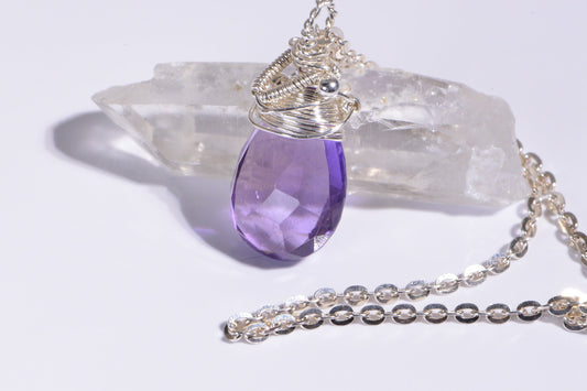 Wire Wrapped Amethyst Pendant: Sterling Silver, February Birthstone