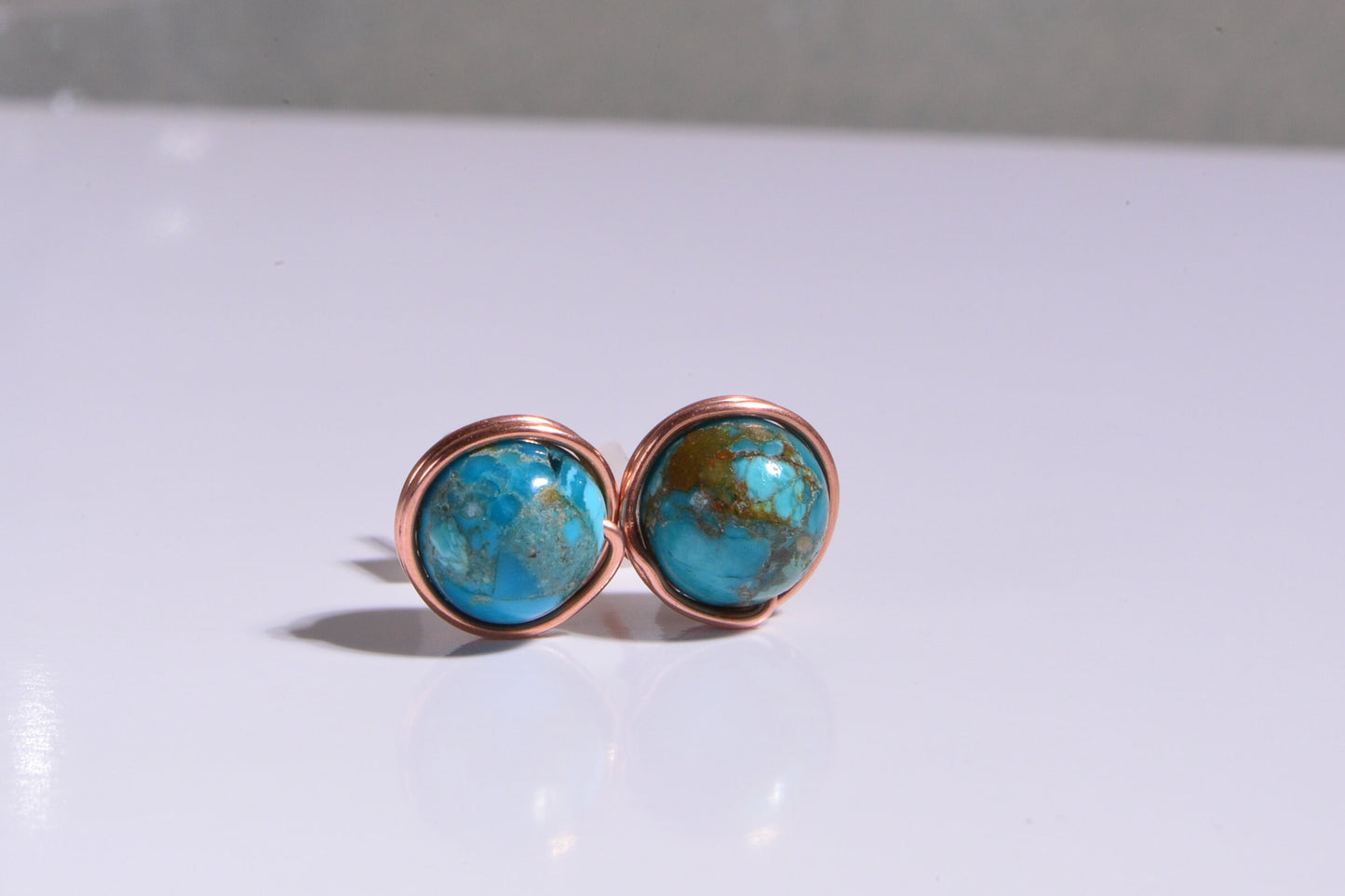 8mm Wire Wrapped Genuine Turquoise Studs Earrings  Pure Copper Gemstone Post Earrings