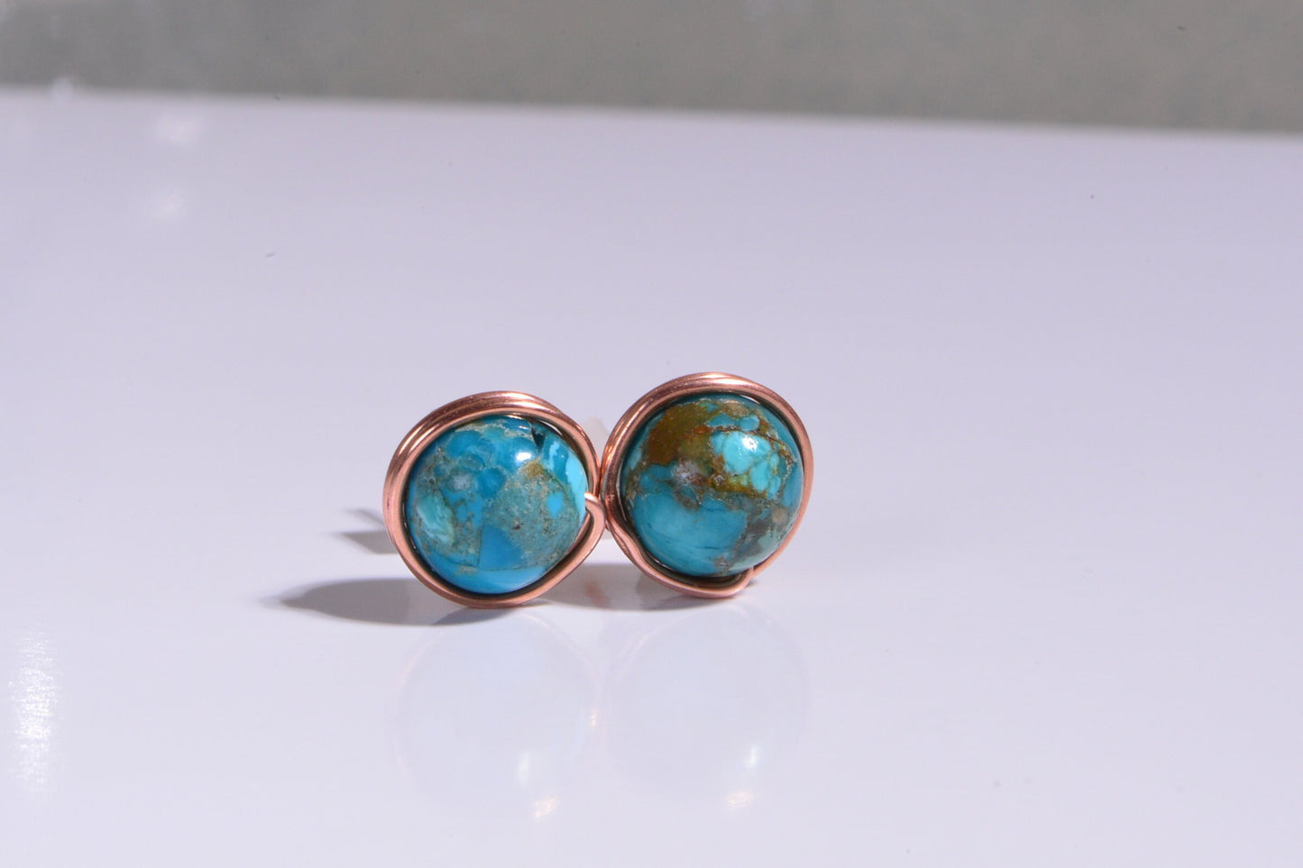 8mm Wire Wrapped Genuine Turquoise Studs Earrings  Pure Copper Gemstone Post Earrings