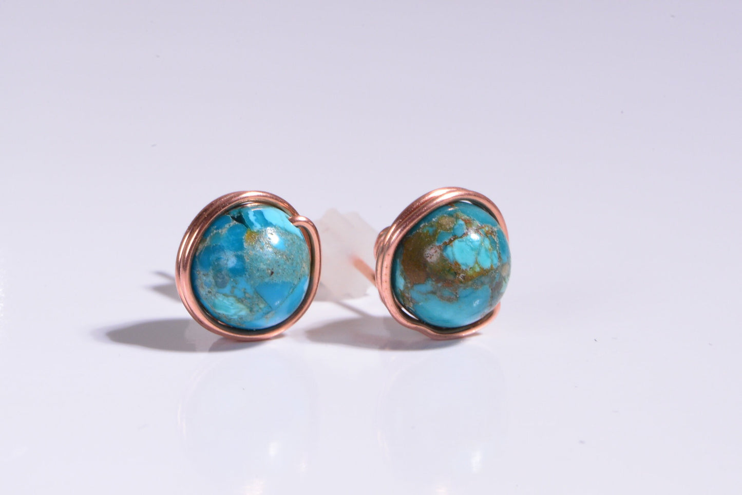 8mm Wire Wrapped Genuine Turquoise Studs Earrings  Pure Copper Gemstone Post Earrings