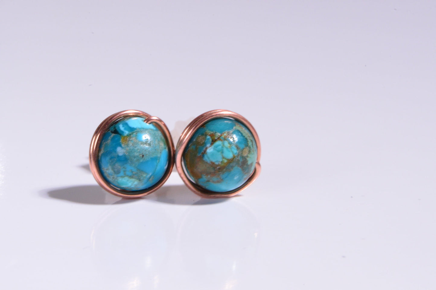 8mm Wire Wrapped Genuine Turquoise Studs Earrings  Pure Copper Gemstone Post Earrings