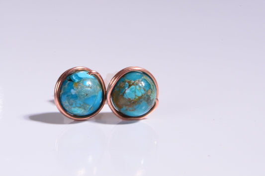 8mm Wire Wrapped Genuine Turquoise Studs Earrings  Pure Copper Gemstone Post Earrings