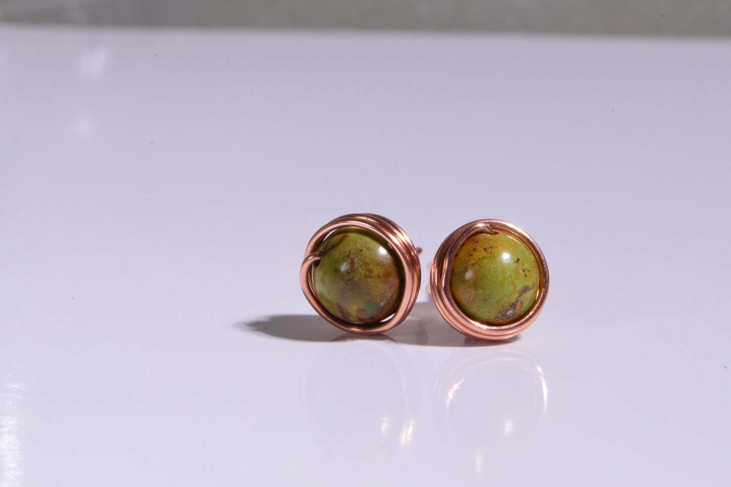 Gaspeite Stud Earrings: Tiny Copper Wire Wrapped Healing Stone