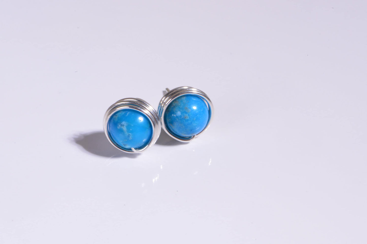 Arizona Turquoise Stud Earrings, Sterling Silver Wire Wrapped, December Birthstone