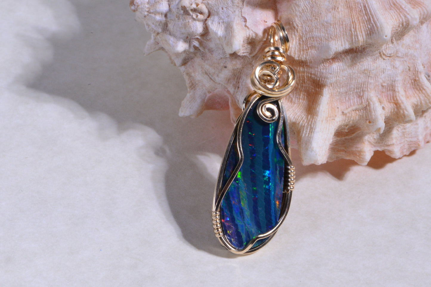 Australian Black Opal Necklace, 14K Gold Filled Wire Wrapped Pendant