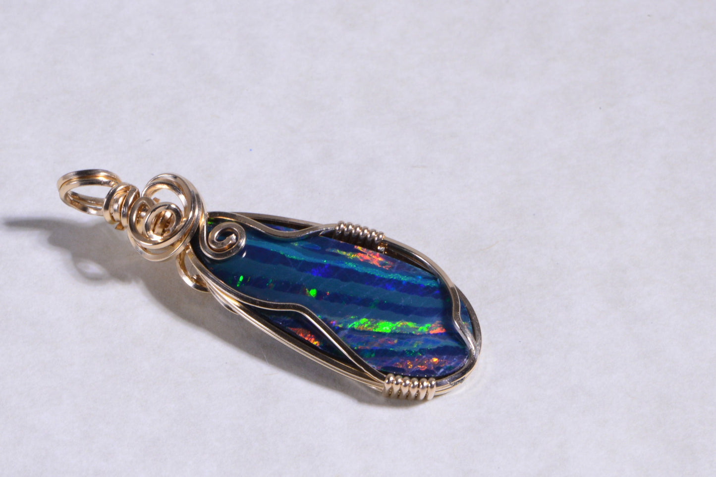 Australian Black Opal Necklace, 14K Gold Filled Wire Wrapped Pendant
