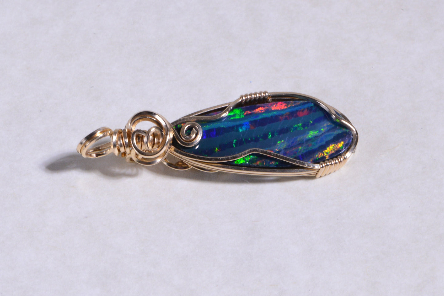 Australian Black Opal Necklace, 14K Gold Filled Wire Wrapped Pendant